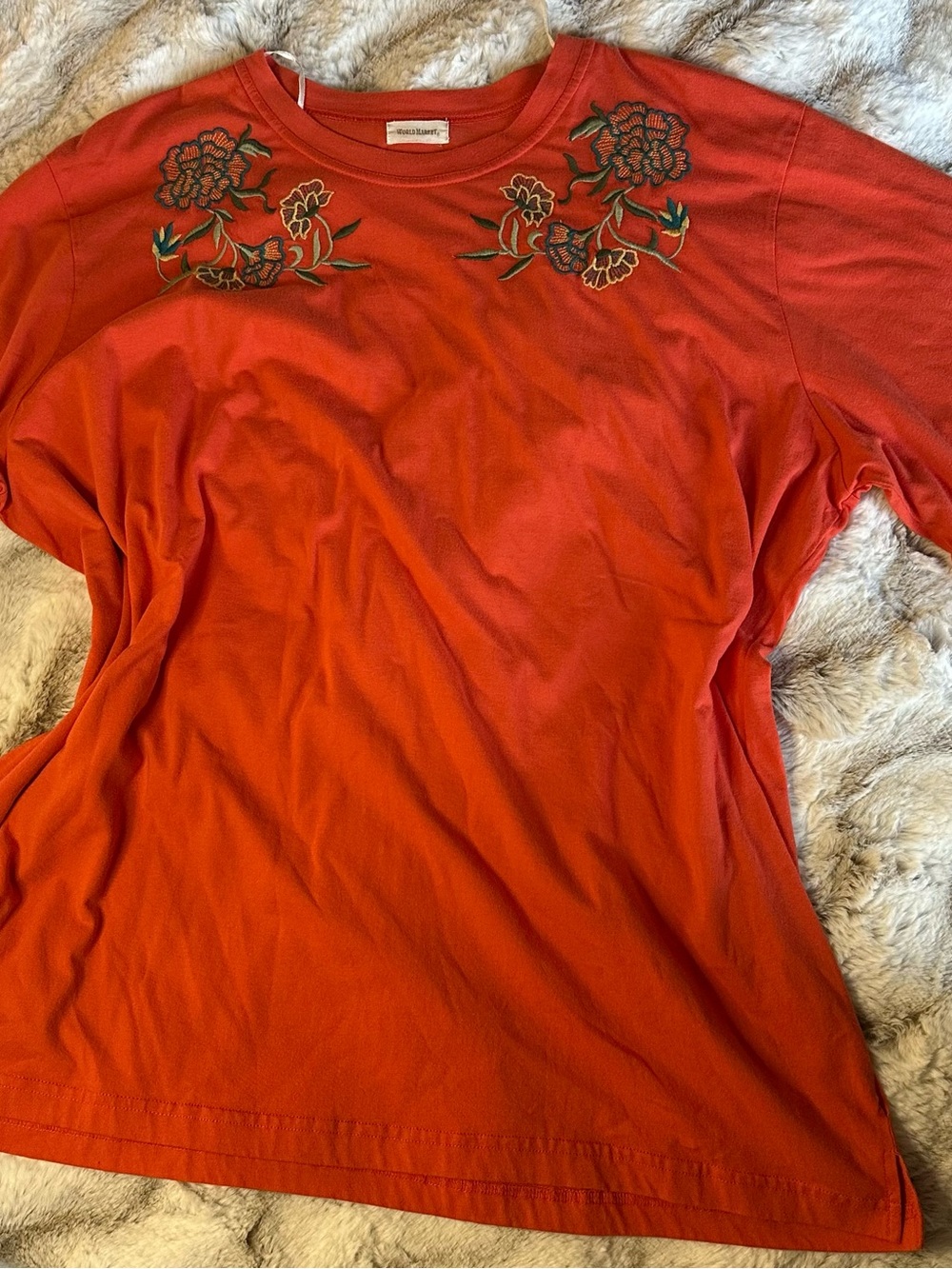 Cost Plus World Market Orange Embroidered Crewneck Tee
